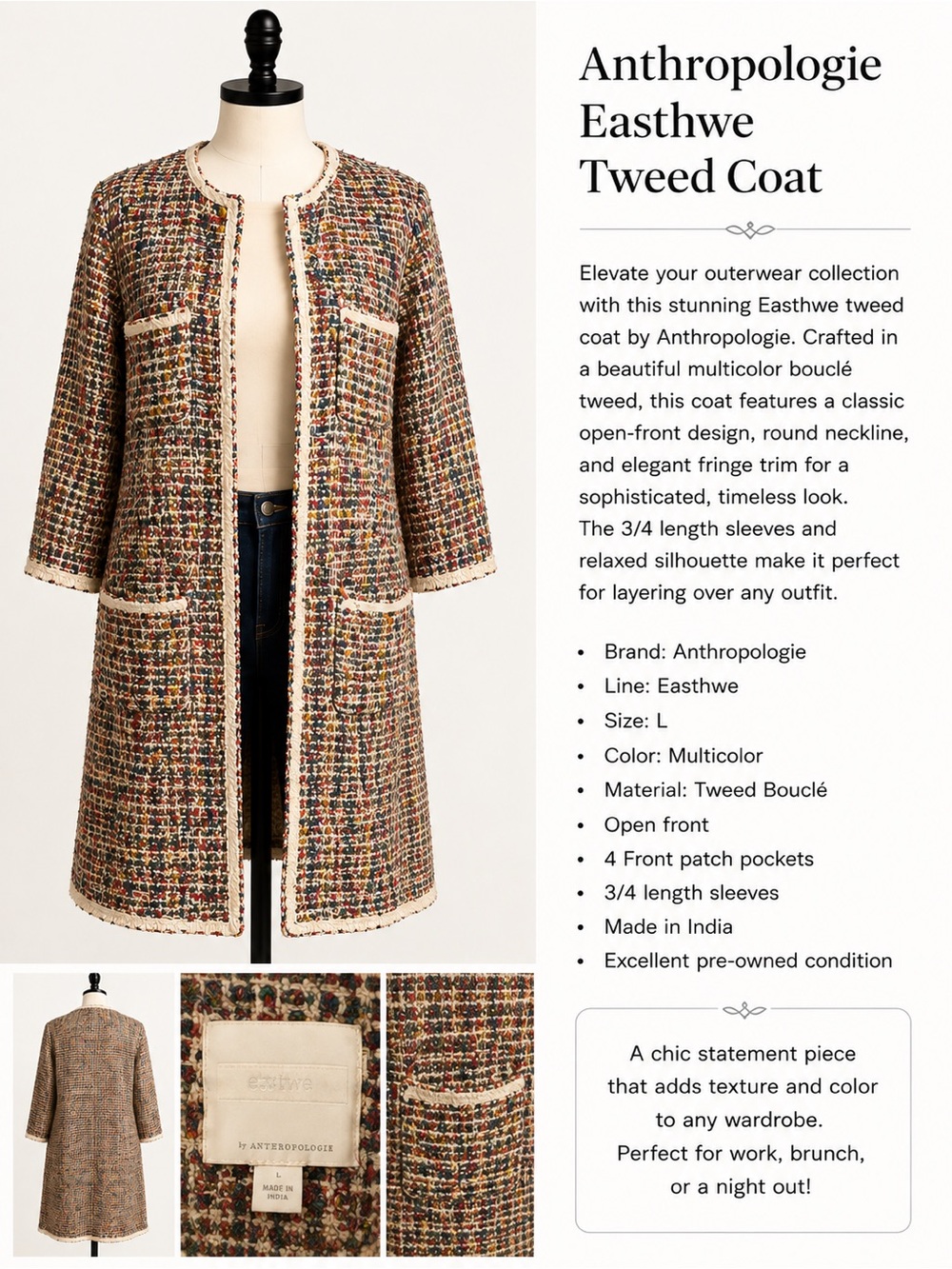Anthropologie Multicolor Tweed Open-Front Coat